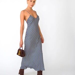 $0 SHIPPING RESA Blue and Cream Geo-Print Maxi Slip Dress Lily Slip in Caribe